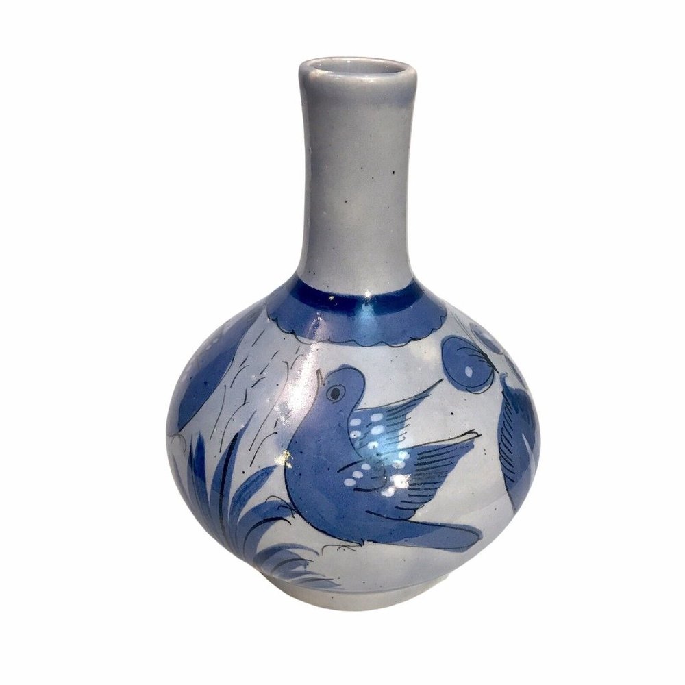 Vintage Tonala Mexican Pottery Vase Blue Birds Butterflies Floral 8.5" Signed VG - Picture 3 of 13